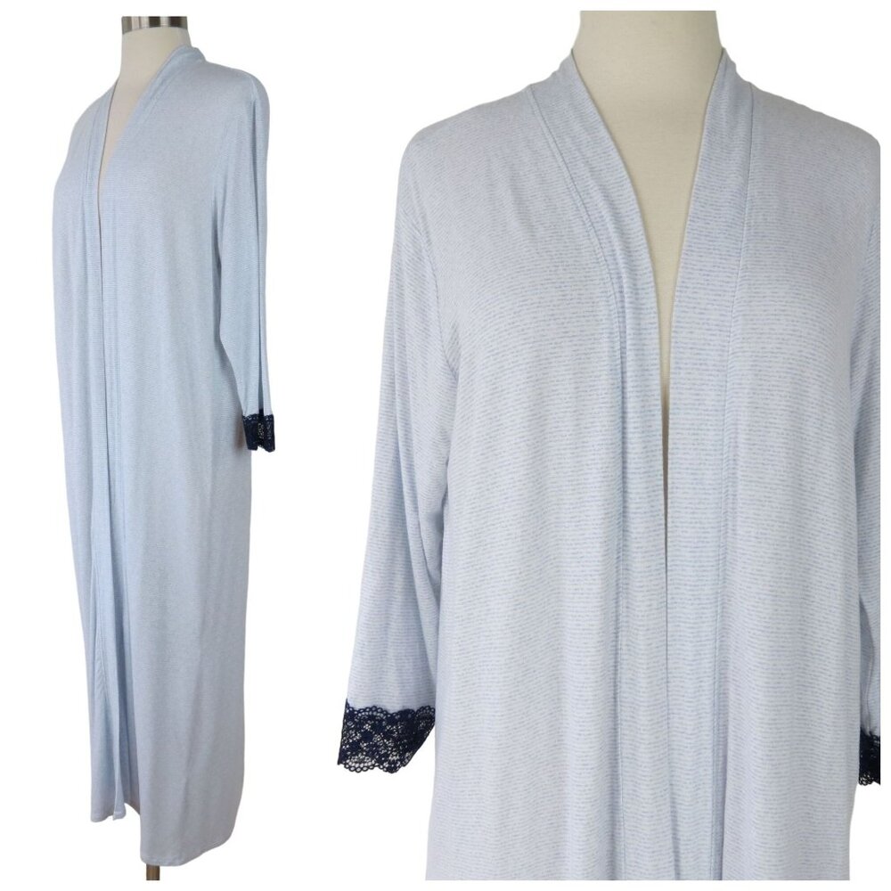 SOMA Women's Long Blue White Stripe Knit w/ Lace Open Front Kimono Robe M
